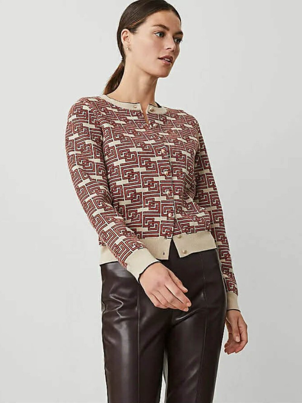 Ann Taylor Maze Jacquard Ann Cardigan Size L Toasted Tangerine Women's
